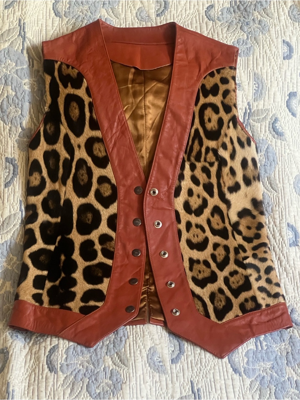 Leather-Trim Leopard Print Fur Vest - Brown/Black/Burnt Orange